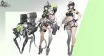  1girl asymmetrical_footwear black_gloves black_hair book boots breasts full_body gloves green_background hat headgear highres holding holding_book large_breasts long_pointy_ears midriff multiple_views navel original pointy_ears robot simple_background single_ankle_boot single_thigh_boot smjim1986 thigh_boots thigh_strap two-tone_background white_boots white_hat 