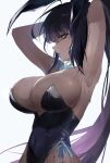  1girl absurdres adjusting_hair animal_ears armpits arms_behind_head arms_up black_hair black_leotard blue_archive blue_bow blue_bowtie bow bowtie breasts cleavage covered_navel dark-skinned_female dark_skin detached_collar fake_animal_ears fishnet_pantyhose fishnets hair_lift hair_tie hair_tie_in_mouth halo hands_in_own_hair highleg highleg_leotard highres holding_own_hair karin_(blue_archive) karin_(bunny)_(blue_archive) kim_duduk large_breasts leotard long_hair mouth_hold official_alternate_costume pantyhose playboy_bunny ponytail purple_halo rabbit_ears simple_background solo strapless strapless_leotard traditional_bowtie tying_hair undersized_breast_cup very_long_hair white_background yellow_eyes 