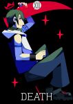  1boy arm_tattoo arm_up black_background black_boots black_hair blending boots card_(medium) closed_mouth commentary_request crown death_(tarot) earrings english_text floating_crown from_side full_body grey_jacket grey_pants headphones headphones_around_neck highres holding holding_scythe hood hood_down hooded_jacket invisible_chair jacket jewelry looking_at_viewer looking_to_the_side male_focus nail_polish nijisanji nogugera pants profile red_crown red_eyes red_nails roman_numeral scythe short_hair simple_background sitting sleeveless sleeveless_jacket sparkle stud_earrings tarot tarot_(medium) tattoo virtual_youtuber wristband yumeoi_kakeru yumeoi_kakeru_(1st_costume) 