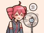  1girl ahoge detached_sleeves drill_hair electric_fan english_text hair_between_eyes highres hot kasane_teto open_mouth red_hair shimejimee shirt simple_background solo speech_bubble sweat twin_drills twitter_username utau 