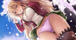  1girl :o alisa_reinford blonde_hair blue_sky blush boots breasts brown_boots buttons cherry_blossoms commentary cowboy_shot day double-breasted dutch_angle eiyuu_densetsu feather_hair_ornament feathers from_below green_skirt hair_ornament hand_in_own_hair highres jacket juliet_sleeves kagura_yuuto large_breasts long_hair long_sleeves looking_at_viewer looking_down miniskirt multicolored_jacket open_mouth outdoors paid_reward_available panties pink_panties plaid_clothes plaid_skirt pleated_skirt puffy_sleeves purple_eyes red_jacket school_uniform sen_no_kiseki_(series) sen_no_kiseki_i sidelocks skirt sky solo standing striped_clothes striped_panties thigh_boots thigh_gap thors_military_academy_class_vii_uniform tree two-tone_jacket underwear upskirt white_jacket wind wind_lift 