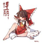  1girl alcohol ascot blush bow brown_hair character_name chinese_text commentary_request detached_sleeves drinking drunk frilled_bow frilled_hair_tubes frills hair_bow hair_tubes hakurei_reimu highres hot_dog555 long_hair pleated_skirt red_bow red_eyes red_skirt ribbon-trimmed_sleeves ribbon_trim sake single_bare_foot single_sock sitting skirt skirt_set socks solo toes touhou translation_request white_socks yellow_ascot 