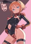  1girl animal_ears artist_name black_bodysuit blush bodysuit breasts closed_mouth commentary_request covered_nipples fake_animal_ears fishnet_thighhighs fishnets gloves gundam gundam_zz hands_on_own_hips highres looking_at_viewer mobile_suit_gundam orange_hair pasties puddinghomhom puru_two rabbit_ears red_gloves short_hair small_breasts solo thighhighs 