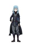  1other androgynous artist_request belt black_belt black_boots black_coat black_gloves black_shirt blue_hair boots clenched_hands closed_mouth coat fingerless_gloves full_body fur-trimmed_collar fur_trim gloves grey_pants hair_between_eyes hand_on_own_hip humanization long_hair long_sleeves looking_at_viewer official_alternate_costume official_art other_focus pants rimuru_tempest second-party_source shirt simple_background smile solo standing tensei_shitara_slime_datta_ken transparent_background yellow_eyes yellow_trim 