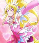  aida_mana arm_warmers armpits asymmetrical_clothes bike_shorts blonde_hair blush bow choker cure_heart curly_hair detached_sleeves dokidoki!_precure dress eyelashes hair_flip hair_ornament half_updo happy haruyama_kazunori heart heart_background heart_hair_ornament long_hair looking_at_viewer magical_girl non-web_source outstretched_arms pink_background pink_dress pink_eyes ponytail precure ribbon shorts shorts_under_skirt smile solo 