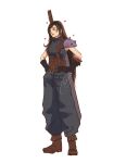  1girl armor baggy_pants belt belt_buckle black_gloves black_hair blue_pants blue_sweater blush boots breasts brown_belt brown_boots buckle closed_mouth cloud_strife cloud_strife_(cosplay) cosplay earrings english_commentary final_fantasy final_fantasy_vii final_fantasy_vii_remake full_body gloves hands_on_own_hips heart highres jewelry long_hair multiple_belts pants red_eyes ribbed_sweater shoulder_armor signature simple_background sleeveless sleeveless_sweater sleeveless_turtleneck solo standing suspenders sweater sword sword_on_back teardrop_earrings tifa_lockhart turtleneck turtleneck_sweater weapon weapon_on_back white_background xainaa 