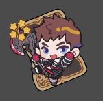  1boy :d ardbert_hylfyst armor axe ball_hands battle_axe blood blood_on_weapon blue_eyes brown_hair chibi chibi_only commentary facial_hair final_fantasy final_fantasy_xiv grey_background heiyellmi2 holding holding_axe hyur looking_at_viewer male_focus short_hair simple_background smile stubble trading_card triple_triad untranslatable_commentary weapon 