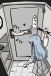  2girls bang_dream! bang_dream!_it's_mygo!!!!! baseball_bat black_ribbon blue_hair clock grey_skirt hair_ribbon highres holding holding_baseball_bat indoors long_hair long_sleeves man_batting_arm_of_trespasser misumi_uika multiple_girls photo-referenced plaid_clothes plaid_skirt ribbon shirt shoes skirt ssami togawa_sakiko translated wall_clock white_shirt 