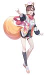  1girl :d absurdres alternate_costume alternate_hairstyle animal_ear_fluff black_skirt black_socks blue_archive blush commentary_request double_fox_shadow_puppet fang fishnet_thighhighs fishnets floral_print_jacket fox_girl fox_shadow_puppet fox_tail halo highres izuna_(blue_archive) jacket kiwi_(uwee8553) kneehighs korean_commentary low_ponytail miniskirt open_clothes open_jacket open_mouth pink_halo pink_scarf ponytail scarf shirt shoes short_hair single_kneehigh single_sock single_thighhigh skin_fang skirt smile sneakers socks solo tail thighhighs white_jacket white_shirt white_shoes 