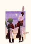  !? 2boys :< amanemio2 animal_ears arm_up black_gloves book cat_boy cat_ears cat_tail commentary_request ensemble_stars! from_behind full_body gloves green_hair holding holding_book itsuki_shu kagehira_mika kemonomimi_mode long_sleeves looking_up multiple_boys pants pink_hair short_hair standing sweat tail tiptoes trembling valkyrie_(ensemble_stars!) 