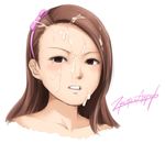  bad_id bad_pixiv_id brown_eyes brown_hair collarbone cum cum_on_hair facial hairband idolmaster idolmaster_(classic) long_hair looking_at_viewer minase_iori open_mouth signature simple_background solo takahashi_umori upper_body white_background 