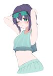  1girl absurdres arms_up bikini black_hair cho_kaguya-hime! commentary_request eine_works eyewear_on_head green_bikini green_eyes highres medium_hair sakayori_iroha simple_background solo stomach swimsuit white_background 