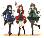  3girls :d ahoge arm_up black_boots black_hair black_shoes black_skirt black_thighhighs blue_eyes blue_jacket boots bow bowtie breasts catgirl0926 commentary_request dramatic_stars_(idolmaster) frilled_skirt frills full_body genderswap genderswap_(mtf) glasses green_hair green_hairband green_jacket grey_pantyhose hairband idolmaster idolmaster_side-m index_finger_raised jacket kashiwagi_tsubasa knee_boots long_hair looking_at_viewer multiple_girls pantyhose red_hair red_jacket sakuraba_kaoru shoes simple_background skirt smile standing star_(symbol) tendo_teru thighhighs white_background white_bow white_bowtie 