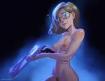  1girl artist_name black_background blonde_hair blue_background bluesky_username breasts carrd_username completely_nude earrings female_pubic_hair from_side glasses grace_ashcroft gradient_background green_eyes gun hentai_foundry_username highres holding holding_gun holding_weapon jewelry looking_at_viewer medium_hair narrow_waist neociti newgrounds_username nude parted_lips patreon_username pixiv_username playzholder pubic_hair resident_evil small_breasts solo stud_earrings sweat trembling tumblr_username upper_body weapon 