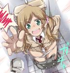  aldnoah.zero arm_up blonde_hair blush from_above green_eyes long_hair looking_at_viewer nina_klein open_mouth outstretched_hand panties panty_pull school_uniform skirt skirt_pull solo spoken_blush sweater tears toilet toilet_paper toilet_use twintails underwear undressing white_panties yumesato_makura 