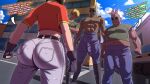  1girl 3boys abs absurdres ass building bulge d-art dragon_ball erection erection_under_clothes highres multiple_boys muscular muscular_male pan_(dragon_ball) standing sunglasses tongue train 