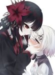  2girls black_capelet black_choker black_hair black_shirt blush capelet choker collared_shirt commentary_request crown crying crying_with_eyes_open flower gradient_hair hair_flower hair_ornament hanahana_201215 highres long_hair mahou_shoujo_no_majo_saiban mini_crown multicolored_hair multiple_girls neck_ribbon necktie nikaido_hiro pink_eyes pink_hair red_eyes red_flower red_necktie ribbon sakuraba_ema shirt short_hair side_capelet simple_background tears white_background white_hair white_shirt x_hair_ornament 