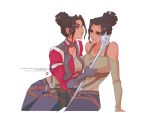  2girls apex_legends belt biting_own_lip black_jacket blue_pants breasts brown_belt brown_eyes brown_eyeshadow brown_hair brown_lips collarbone copyright_name cosplay crossover cyberpunk_(series) cyberpunk_2077 dated detached_sleeves eyebrow_cut freckles grey_leotard hair_bun holding holding_star jacket joong_beak leotard loba_(apex_legends) looking_at_another medium_breasts multiple_girls official_alternate_costume panam_palmer panam_palmer_(cosplay) pants red_sleeves simple_background single_hair_bun smile star_(symbol) twitter_username white_background yuri 