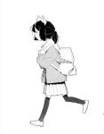  1girl animal_ear_fluff animal_ears backpack bag cardigan cat_ears closed_mouth from_side full_body greyscale hatching_(texture) highres holding_strap linear_hatching long_sleeves looking_ahead looking_to_the_side monochrome open_cardigan open_clothes original pleated_skirt ponytail profile sailor_collar school_uniform screentones serafuku shoes short_hair simple_background skirt solo tayama222 thighhighs walking white_background 