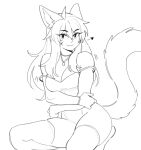  1girl :3 ahoge animal_ears bare_shoulders breasts cat_ears cat_girl cat_tail commentary english_commentary facial_mark greyscale heart highres jewelry large_breasts long_hair monochrome necklace original rob_ishi smile solo sportswear tail whisker_markings 