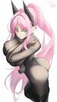  1girl absurdres ass azur_lane black_horns black_thighhighs bodysuit breasts brown_bodysuit closed_mouth commentary dated ear_piercing green_eyes hair_intakes high_ponytail highres horns huge_breasts jijing_zishui long_hair looking_back max_immelmann_(azur_lane) piercing pink_hair pointy_ears ponytail signature simple_background solo thighhighs thighs white_background 