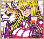  1girl ahoge alma_armas animal blonde_hair breasts closed_mouth clothed_animal cocktail_glass commentary_request cup dated dog drink drinking_glass glasses hawaiian_shirt holding holding_drink large_breasts long_hair looking_at_viewer mechanical_hands orange_eyes over-rim_eyewear prosthesis prosthetic_hand rad_shiba red_sweater ribbed_sweater semi-rimless_eyewear shikishi shirt signature smile solo_focus sunglasses suzuki_ken'ya sweater tan turtleneck turtleneck_sweater va-11_hall-a 