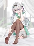  1girl absurdres alternate_costume aqua_eyes bed black_bow black_hairband blurry blurry_background blush bow breasts brown_thighhighs caelus_(honkai:_star_rail) character_pillow closed_mouth collarbone colored_tips commentary_request feet firefly_(honkai:_star_rail) full_body green_nails green_pupils green_sailor_collar green_skirt hair_between_eyes hair_bow hairband hand_in_own_hair hand_on_own_leg highres honkai:_star_rail honkai_(series) indoors knees_up large_breasts large_variant_set long_hair looking_at_viewer multicolored_hair nail_polish neckerchief no_shoes on_bed pillow sailor_collar school_uniform serafuku shirt short_sleeves sitting skirt smile soles solo thighhighs thighs toenail_polish toenails toes trailblazer_(honkai:_star_rail) variant_set white_shirt yellow_neckerchief yunkaiming 