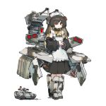  absurdres apron autocannon bmpt_terminator brown_hair cannon detached_sleeves frider highres maid maid_apron maid_headdress original personification red_eyes rocket_launcher russian_flag simple_background vehicle_and_personification war_thunder weapon white_background 