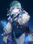  1girl aqua_necktie belt_buckle black_bow blush bow buckle cardigan castelle_(shadowverse) closed_mouth collared_shirt commentary_request dress elf facial_tattoo flower glowing green_hair hair_bow hair_flower hair_ornament highres kumeyuyumi0621 long_sleeves looking_at_viewer necktie open_cardigan open_clothes pantyhose pointy_ears purple_eyes school_uniform shadowverse shadowverse:_worlds_beyond shirt short_dress short_hair simple_background single_tear solo tattoo white_cardigan white_flower white_pantyhose 