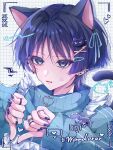  1boy anger_vein animal_ears annoyed apron black_hair black_tail blue_jacket blue_ribbon blue_sleeves blunt_ends border cat_boy cat_ears cat_tail character_name clenched_hands drop_shadow ear_piercing earrings eyeliner fang frilled_apron frills full-length_zipper genshin_impact grid_background hair_intakes hair_ornament hair_ribbon hairclip hands_up heart heart_hands heart_in_heart_hands heart_zipper highres jacket jewelry long_sleeves lower_eyelashes_only makeup male_focus open_mouth piercing portrait purple_eyes purple_nails red_eyeliner ribbon ring scaramouche_(cat)_(genshin_impact) scaramouche_(genshin_impact) solo tail thumbs_down thumbs_down_heart_hands toa_scara track_jacket tsurime turtleneck turtleneck_jacket wanderer_(genshin_impact) white_apron white_background white_border white_trim wispy_bangs zipper zipper_pull_tab 