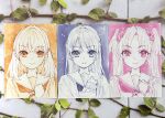  3girls cardigan closed_mouth color-coded commentary_request crossed_bangs flower hair_flower hair_ornament half_updo hand_on_own_chest hasu_no_sanrenka hasu_no_sora_school_uniform highres hinoshita_kaho iizuka_haruko long_sleeves love_live! love_live!_hasu_no_sora_jogakuin_school_idol_club medium_hair mole mole_on_neck multiple_girls multiple_monochrome murano_sayaka neckerchief official_artist_extra open_cardigan open_clothes osawa_rurino rabbit_hair_ornament sailor_collar school_uniform sleeves_past_wrists smile twintails two_side_up virtual_youtuber winter_uniform 