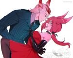  2girls 3boys :d animal_ears black_choker black_gloves black_pantyhose black_shirt breasts choker commentary dress elbow_gloves english_commentary eye_contact formal_clothes gloves hetero large_breasts league_of_legends long_hair looking_at_another marydjiang multiple_boys multiple_girls open_mouth pantyhose pointy_nose poppy_(league) rakan_(league) red_dress red_hair shirt simple_background smile striped_clothes striped_shirt teemo_(league) teeth veigar_(league) white_background white_hair xayah_(league) yordle 