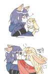  2girls animal_ears animalization arms_around_neck blush cho_kaguya-hime! closed_eyes commentary crescent crescent_hair_ornament ear_blush facial_mark forehead_mark fox_ears green_eyes hair_ornament highres hood hoodie japanese_clothes kaguya_(cho_kaguya-hime!) kaguya_(tsukuyomi)_(cho_kaguya-hime!) kimono kiss medium_hair multiple_girls purple_hair purple_hoodie rabbit rabbit_ears red_kimono sakayori_iroha sakayori_iroha_(tsukuyomi) simple_background sweatdrop transformation twitter_username wheloo3rd white_background yuri 