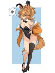  1girl absurdres ahoge alternate_costume anger_vein animal_ear_hairband animal_ears arknights asymmetrical_legwear bandaid bandaid_on_leg black_bow black_bowtie black_leotard black_shoes black_thighhighs blonde_hair blush blyskawica_(flandre5carlet) bow bowtie breasts cleavage commentary commission commissioner_upload detached_collar english_commentary fake_animal_ears fang fangs_(fangs_art) full_body green_eyes hair_between_eyes hairband hand_in_pocket hand_on_own_hip high_heels high_ponytail highleg highleg_leotard highres horse_ears horse_girl horse_tail infection_monitor_(arknights) jacket jacket_partially_removed leotard long_hair long_sleeves looking_at_viewer mole mole_on_crotch open_mouth orange_jacket original playboy_bunny ponytail rabbit_ear_hairband rabbit_ears scar scar_on_cheek scar_on_face scar_on_shoulder shoes simple_background single_thighhigh small_breasts solo spoken_squiggle squiggle standing tail thighhighs 