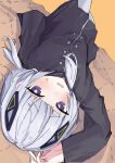  1girl aqua_pupils black_dress blue_eyes blush cevio commentary_request diamond_hair_ornament dress hair_ornament highres jacket kafu_(cevio) kamitsubaki_studio looking_at_viewer low_twintails lying minamochibame multicolored_eyes on_back on_bed pantyhose turtleneck turtleneck_dress twintails white_hair white_jacket white_pantyhose 