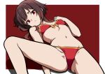  1girl argenisdraws arm_behind_back bikini border bow bow_bikini bow_bra bra breasts brown_hair closed_mouth covered_nipples feet_out_of_frame gold_bow gold_trim hand_on_own_chest highres invisible_floor kono_subarashii_sekai_ni_shukufuku_wo! light_frown looking_at_viewer lying megumin midriff navel on_back raised_inner_eyebrows red_background red_bikini red_eyes short_hair_with_long_locks small_breasts solo spanish_commentary stomach swimsuit thighs underwear white_border 