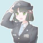  1girl alternate_costume arm_up black_hair black_hat black_jacket blue_background blue_necktie blunt_bangs blunt_ends bob_cut collared_shirt commentary diagonal-striped_clothes diagonal-striped_necktie flower flower_knot green_eyes hair_flower hair_ornament hat jacket kochi_(5chi) long_sleeves love_live! love_live!_hasu_no_sora_jogakuin_school_idol_club momose_ginko name_tag necktie shirt short_hair simple_background solo striped_clothes striped_necktie upper_body virtual_youtuber white_flower white_shirt 