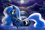  adlynh back_turned bedroom_eyes blue_eyes blue_fur blue_hair bridge crown cutie_mark equine feathers female friendship_is_magic fur hair hi_res hooves horn horse long_hair looking_at_viewer mammal moon my_little_pony outside pony princess_luna_(mlp) smile solo stars water winged_unicorn wings 