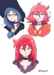  1girl absurdres ahoge black_choker black_hat blue_choker blue_eyes bright_pupils choker closed_mouth collarbone commentary english_commentary eyelashes glasses grin hair_between_eyes hair_over_shoulder hat highres little_witch_academia mangodevourer multiple_persona multiple_views ponytail puff_of_air red_eyes round_eyewear shiny_chariot short_hair simple_background smile sparkle teeth twitter_username ursula_callistis white_background white_pupils wide_brim 