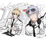  2boys absurdres airplane_interior antenna_hair belt black-framed_eyewear black_belt black_choker black_necktie black_pants blonde_hair blue_eyes breast_pocket chair choker closed_mouth collared_shirt commentary_request dated dual_persona eyewear_on_head formal_clothes grey_hair gyulseu hair_between_eyes hand_up headphones headphones_around_neck highres honkai:_star_rail honkai_(series) id_card indoors jacket korean_commentary long_sleeves male_focus microphone multiple_boys neck_tattoo necktie notice_lines official_alternate_costume on_chair one_eye_closed pants phainon_(alternate_spacetime)_(honkai:_star_rail) phainon_(honkai:_star_rail) phainon_(khaslana)_(honkai:_star_rail) pocket shirt short_hair shoulder_boards smile sun_symbol sun_tattoo sunglasses tattoo teeth thumbs_up tie_clip vehicle_interior viewfinder white_jacket white_shirt window yellow_pupils 