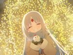  1girl backlighting blue_hair christmas_lights closed_eyes coat commentary_request facing_viewer forehead_jewel gem gloves kalar_(race) long_hair pointy_ears rance_(series) red_gem reset_kalar scar snowball solo user_rkha5854 winter_clothes 