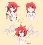  >_o 1girl blush blush_stickers bright_pupils brushing_hair closed_mouth commentary english_commentary eyelashes hair_between_eyes hair_brush holding holding_brush holding_hair_brush hood hood_down little_witch_academia long_sleeves mangodevourer messy_hair motion_lines multiple_views one_eye_closed red_eyes red_hair shiny_chariot short_hair simple_background smile sound_effects twitter_username unfinished white_pupils yellow_background 