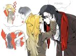  1boy 1girl absurdres ahoge ascot black_coat black_hair blonde_hair closed_mouth coat commentary commentary_request don_quixote_(project_moon) epaulettes feather_boa highres holding holding_polearm holding_weapon jacket korean_commentary la_manchaland_(identity)_(project_moon) lance limbus_company long_hair meurdon meursault_(project_moon) mirror polearm project_moon red_eyes shirt simple_background sparkle speech_bubble thought_bubble weapon white_ascot white_background white_jacket white_shirt 