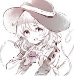  1girl :d blush commentary_request disembodied_linked_eye eyes_visible_through_hair frilled_shirt_collar frilled_sleeves frills greyscale hair_between_eyes hands_up hat heart heart_of_string holding komeiji_koishi long_sleeves looking_at_viewer medium_hair monochrome open_mouth sekisei_(superego51) shirt simple_background smile solo sun_hat touhou upper_body wavy_hair white_background wide_sleeves 