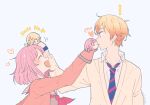  ! 1boy 1girl arinco_(ariringo622) arm_up artist_name blonde_hair blue_background cardigan closed_eyes closed_mouth collared_shirt dated diagonal-striped_clothes diagonal-striped_necktie facing_viewer gradient_hair hand_puppet headpat heart hetero highres kamiyama_high_school_uniform_(project_sekai) long_sleeves looking_at_another miyamasuzaka_girls'_academy_school_uniform motion_lines multicolored_hair multicolored_necktie neckerchief necktie ootori_emu open_mouth orange_hair pink_cardigan pink_hair project_sekai protected_link puppet red_neckerchief romaji_text school_uniform shirt short_hair simple_background smile striped_clothes striped_necktie tenma_tsukasa two-tone_hair upper_body wing_collar 