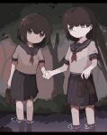  2girls arm_at_side black_sailor_collar black_skirt brown_eyes brown_hair brown_shoes closed_mouth commentary_request evening eye_contact fatal_frame fatal_frame:_maiden_of_black_water feet_out_of_frame forest half_updo hand_up hands_up himeno_fuyuhi holding holding_hands holding_shoes holding_unworn_clothes letterboxed light_smile loafers looking_at_another miniskirt momose_haruka multiple_girls nature neckerchief nekokumatta outdoors pleated_skirt red_neckerchief reflection reflective_liquid sailor_collar school_uniform serafuku shirt shoes short_hair short_sleeves skirt standing tree unworn_shoes wading wet wet_hair white_shirt 