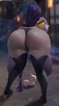  1girl ass bent_over black_thighhighs blurry blurry_background commentary curvy english_commentary genshin_impact hair_ornament highres huge_ass long_hair oroborus outdoors panties purple_hair raiden_shogun sweat thighhighs underwear wide_hips yae_miko yae_miko_(fox) 