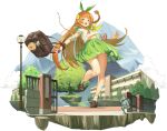  1girl artist_request bag bandaged_arm bandages bow_hairband braid brass_knuckles brown_bag brown_shoes flower from_below giant giantess green_eyes green_hairband green_neckerchief green_sailor_collar green_skirt hair_flower hair_ornament hairband holding holding_bag long_hair melon_(monmusu_td) monster_musume_td mountain neckerchief official_alternate_costume official_art open_mouth orange_hair sailor_collar school school_gateway school_uniform serafuku shirt shoes side_braids skirt socks solo standing standing_on_one_leg thighs weapon white_background white_shirt white_socks wristband 