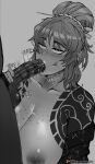  1boy 1girl :>= alphamob200x arm_tattoo black_kimono body_freckles breast_freckles breasts chest_freckles chest_tattoo cloud_tattoo commentary english_commentary english_text erection fellatio freckles greyscale hair_ornament hair_stick heart heart-shaped_pupils hetero highres irezumi ishmael_(project_moon) japanese_clothes kimono kurokumo_clan_(identity)_(project_moon) large_breasts limbus_company male_pubic_hair monochrome oral partially_colored penis project_moon pubic_hair simple_background solo_focus symbol-shaped_pupils tattoo testicles yellow_eyes 