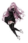  1girl black_skirt black_thighhighs braid commentary dress garter_straps high_heels highres kayoi mole mole_under_mouth original pink_hair pink_shirt red_eyes ribbon shirt skirt sleeves_past_wrists solo thighhighs untranslatable_commentary white_background 